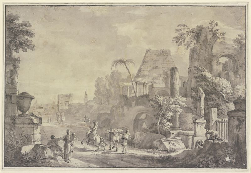 Heroic landscape de Hubert Robert, óleo sobre lienzo con ruinas en descomposición y naturaleza.