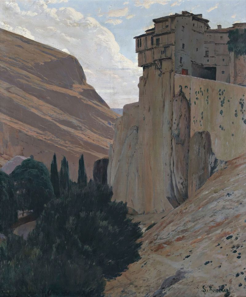 Casas Colgantes de Santiago Rusiñol, pintura al óleo que muestra casas colgantes en un acantilado.