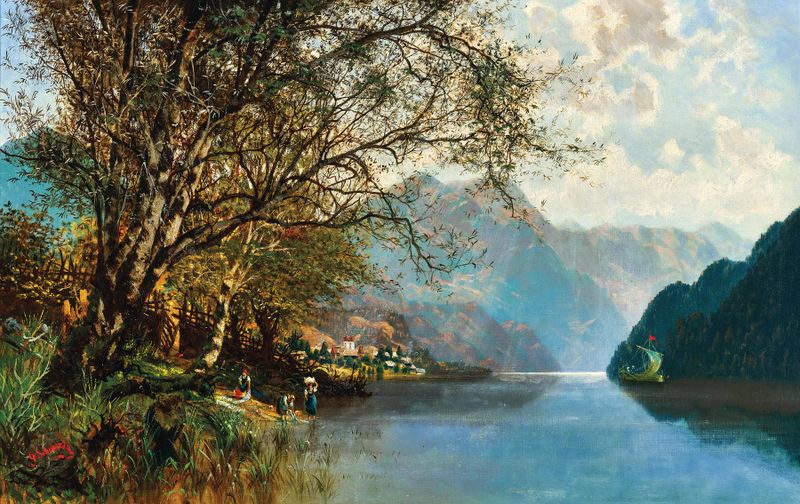 Lago Millstättersee con Lavanderas de Georg Schönreither, impresionismo