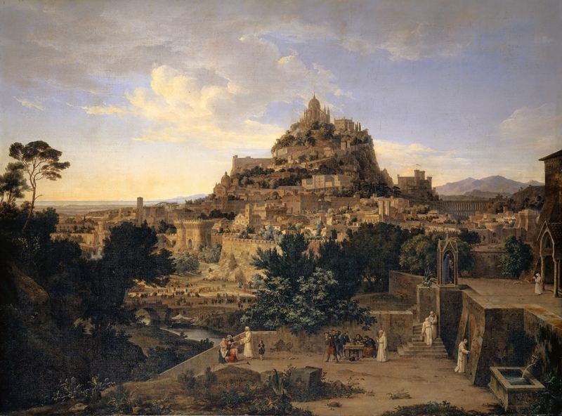 Cena histórica com figuras intrincadas em cores vibrantes, pintura a óleo de August Wilhelm Julius