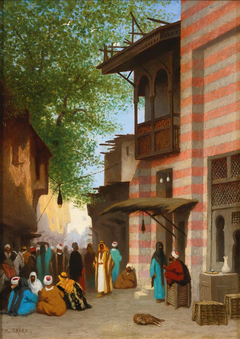 Genre scene of a North African street with figures, oil painting by Charles Théodore Frère