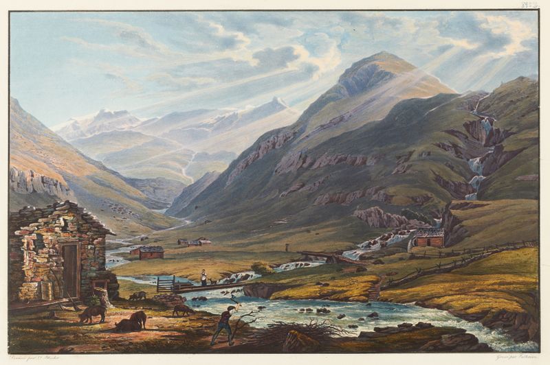 Paisagem representando a confluência de rios, pintura a óleo de Johann Ludwig Bleuler