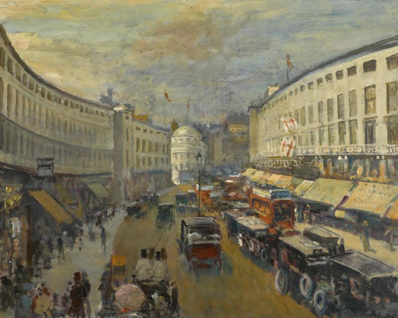 Regent Street, London by Jacques-Émile Blanche, Impressionism, depicting figures and golden light.