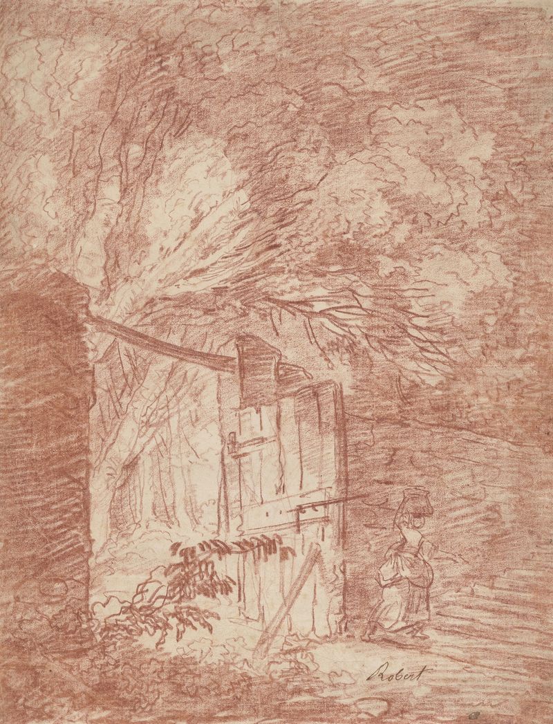 La Puerta del Jardín de Hubert Robert, óleo sobre lienzo, presenta una figura en una puerta de jardín con luz moteada.