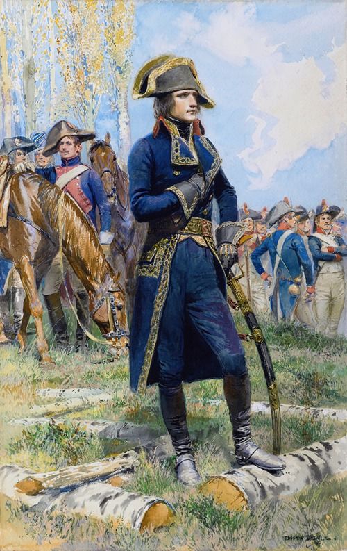 A group of soldiers stands proudly with Napoleon at the forefront, dressed in military uniforms.