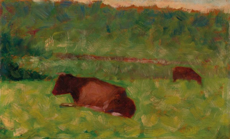 Vacas pastando em um prado, pintura a óleo de Georges Seurat