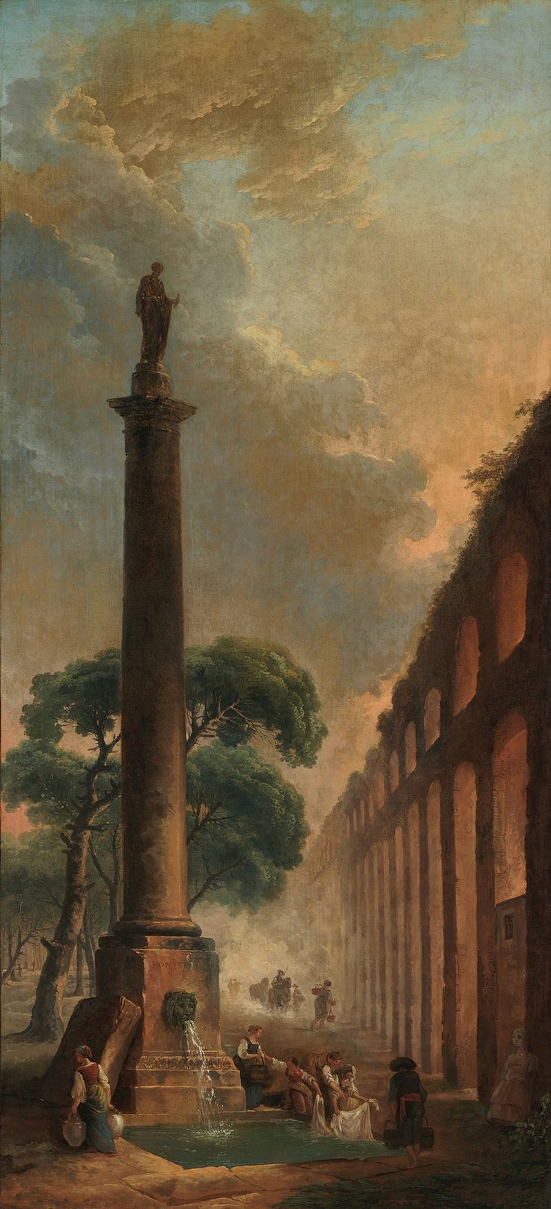 La Fuente de Hubert Robert, óleo sobre lienzo, que representa un jardín con una fuente y luz solar.