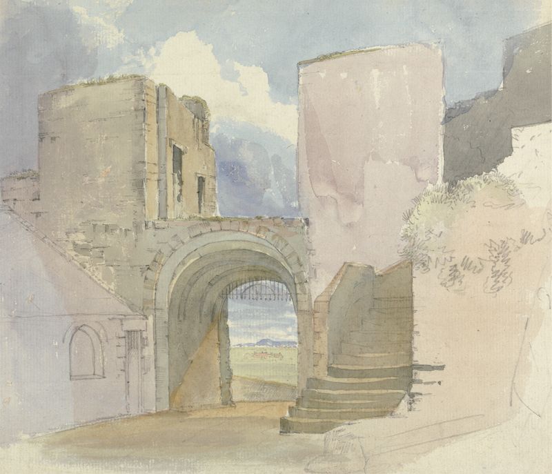 Gateway at Bamburgh Castle de Edward Hastings, óleo sobre lienzo que representa una estructura de piedra.