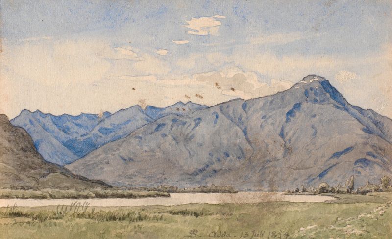 Paisagem com um rio e montanhas, pintura a óleo de P. C. Skovgaard
