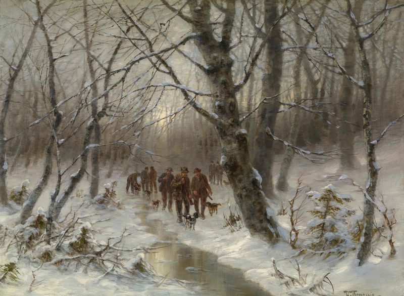 Jäger im Winterwald de Désiré Thomassin, óleo sobre tela mostrando um caçador em uma floresta nevada.