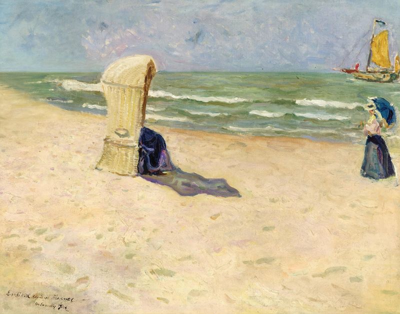 En la playa, óleo sobre lienzo de Izsák Perlmutter, que representa suaves olas y costas arenosas.
