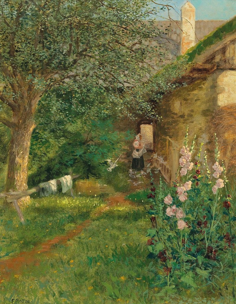 Cena de um Jardim de Fazenda de Fritz Pontini, realismo, retratando um fazendeiro em um jardim colorido