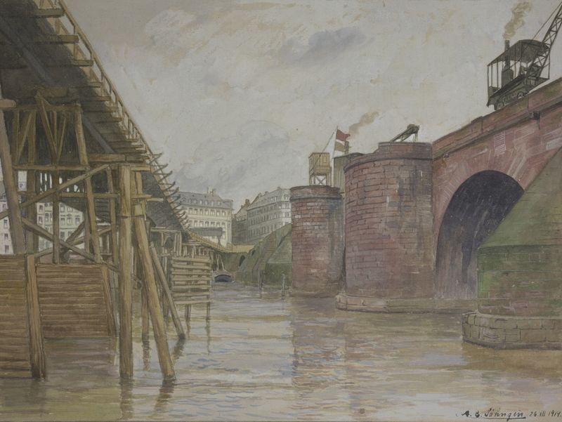 Alte Mainbrücke und Notbrücke pintura al óleo de Andreas Bernhard Söhngen, que representa un paisaje sereno con puentes.