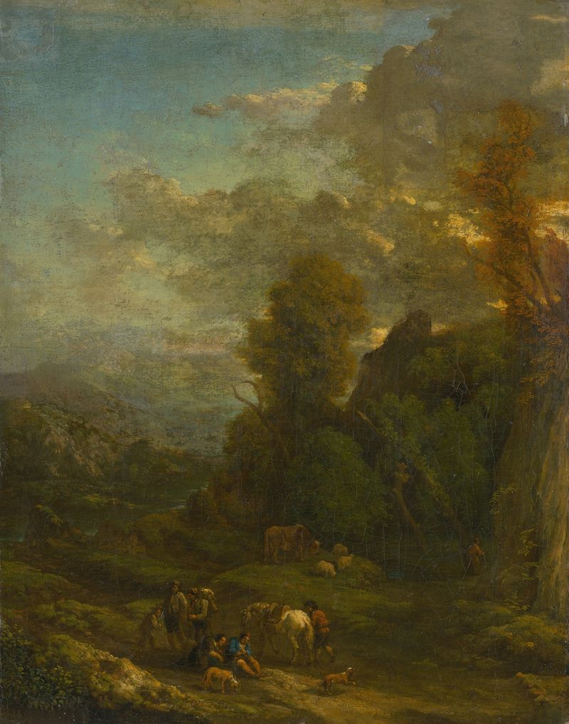 Evening Landscape With Travellers, oil on canvas by Cornelis Huysmans, depicting a twilight scene with figures on a path.