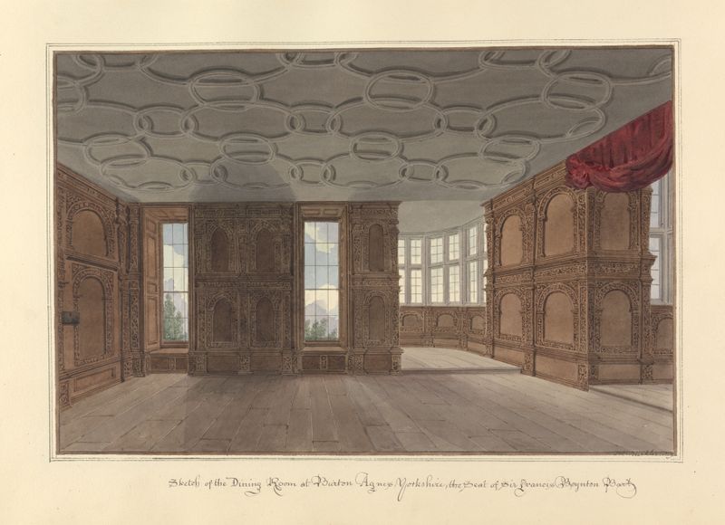 Desenho interior de uma sala de jantar com lareira por John Buckler