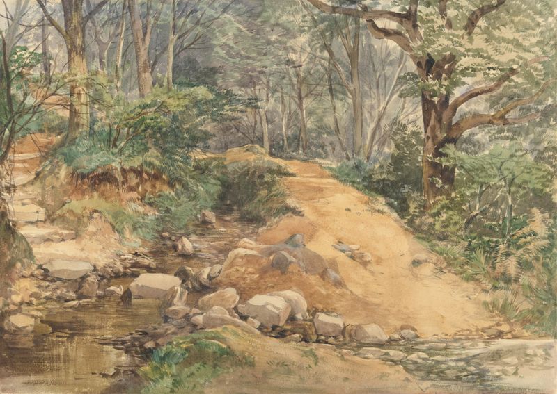 Woodland scene with a path across a stream, oil on canvas by John Middleton
