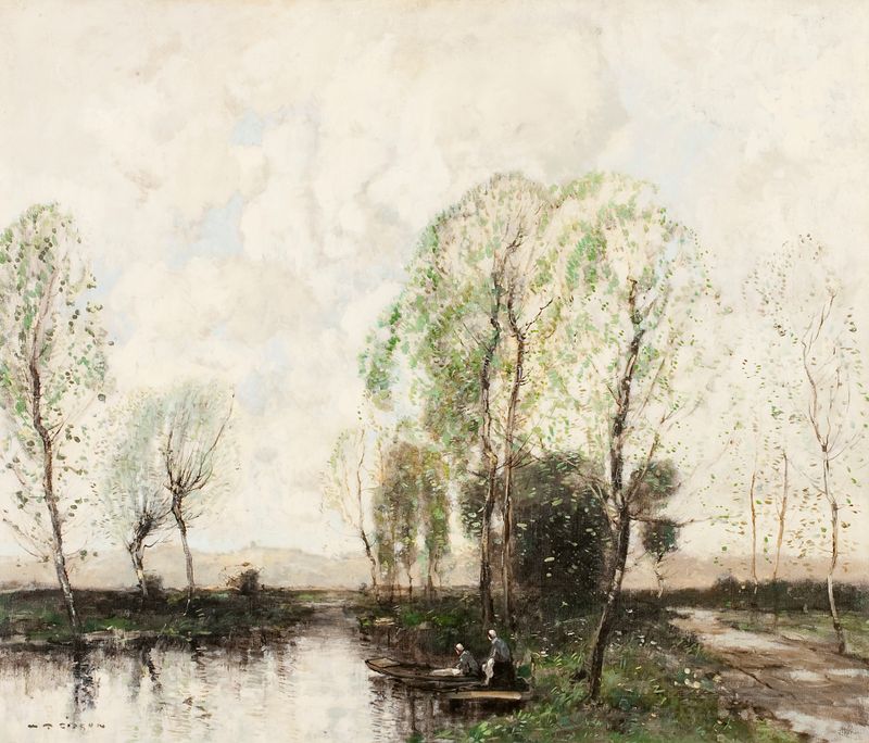 A quiet backwater de William Alfred Gibson, impresionismo, que muestra suaves ondas de agua y un paisaje sereno.