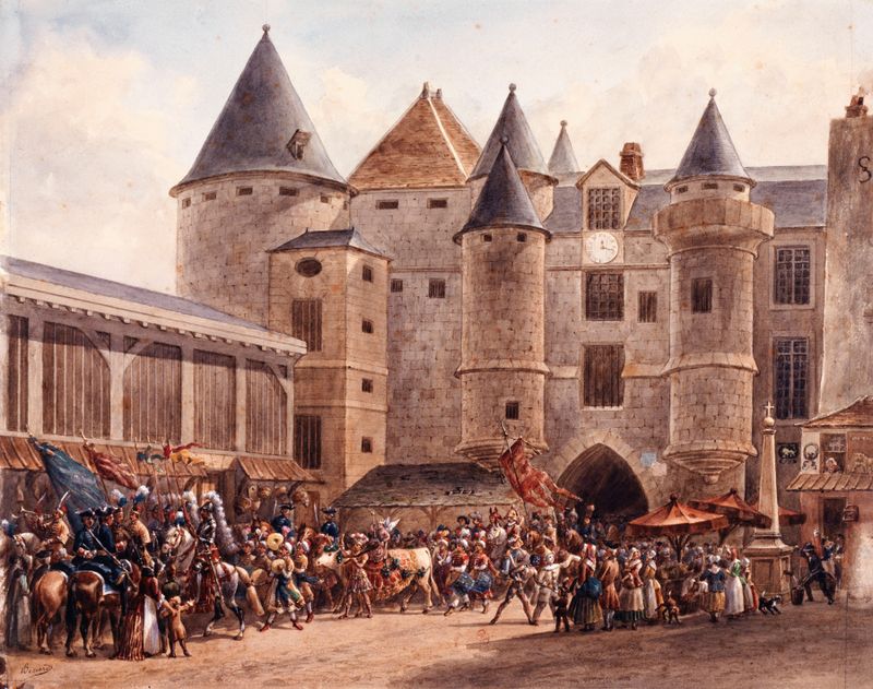 Pintura a óleo de Auguste-Sébastien Bénard mostrando um touro e uma multidão durante o Carnaval