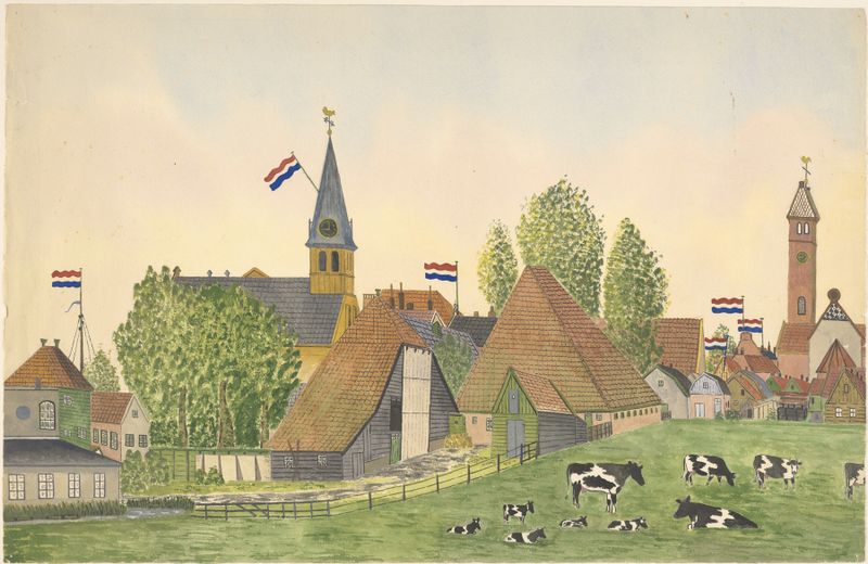 Paisaje urbano con bandera holandesa ondeando, óleo sobre lienzo de Johannes Nicolaas Eijman