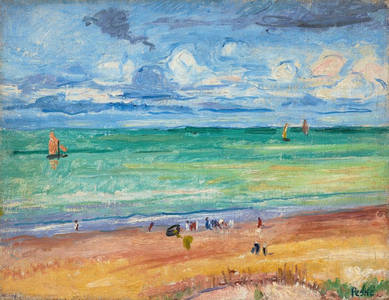 La plage de Jean Misceslas Peske, óleo sobre tela representando uma praia tranquila com ondas suaves e areia quente
