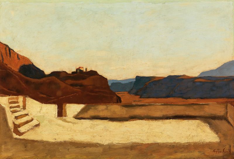 Landscape of Kalvarienberg bei Bozen by Albin Egger Lienz, oil painting depicting mountains and twilight sky.