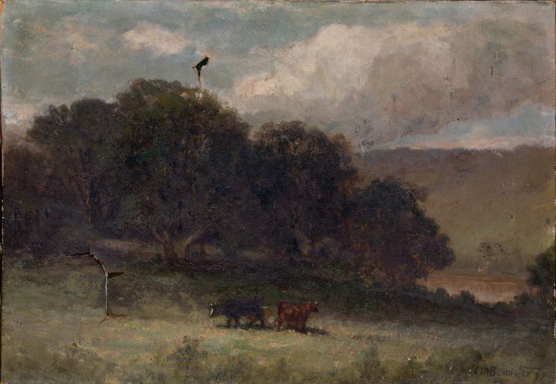 Paisaje con árboles y dos vacas en un prado, óleo sobre lienzo de Edward Mitchell Bannister