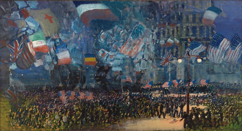 Figurative expressionism oil painting by George Luks, depicting luminous figures in gold tones.