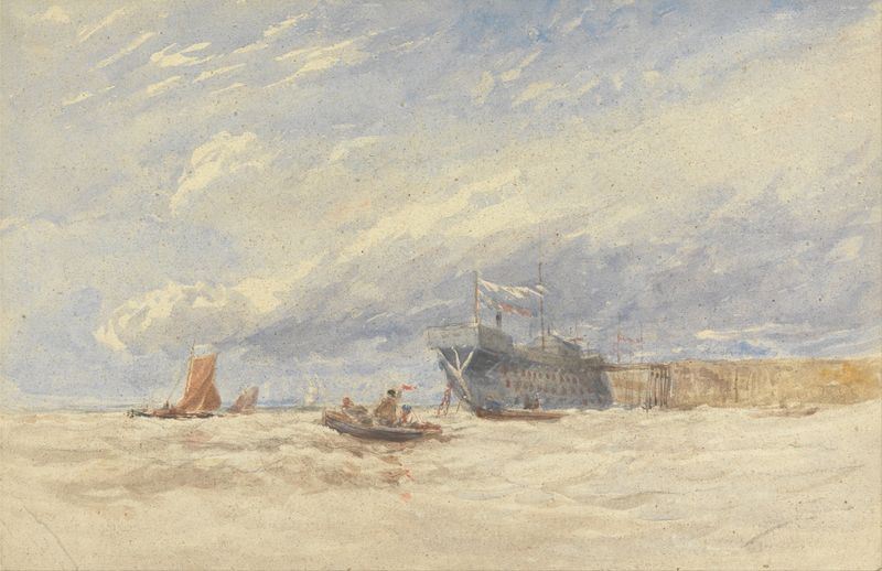 Acuarela de David Cox que muestra una figura de pie en la orilla del río Medway.
