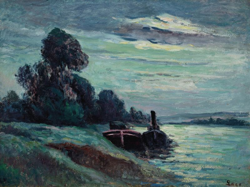 Péniches sur la Seine by Maximilien Luce, oil painting depicting boats on the Seine River