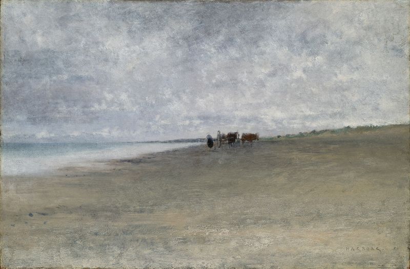 Hazy Weather by the Sea, oil on canvas by August Hagborg, depicting a foggy seaside landscape.