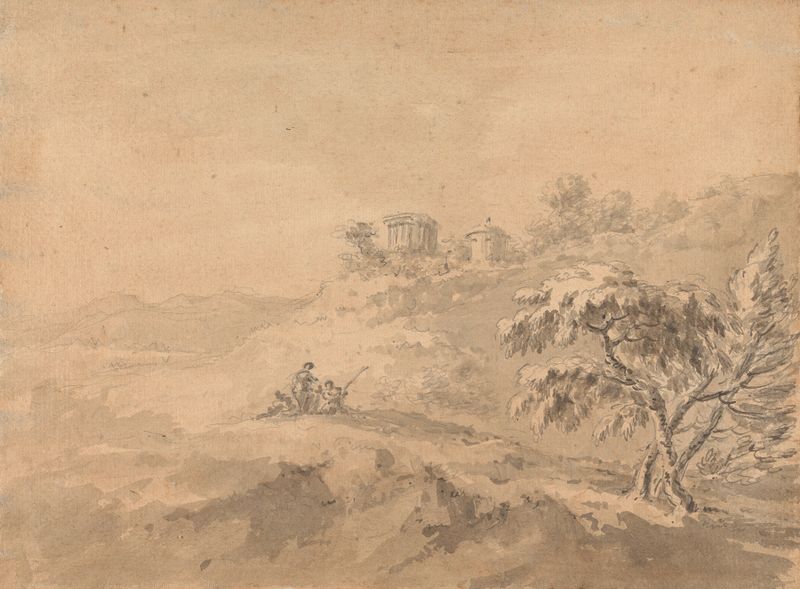 Dos hombres en un paisaje con un castillo en una colina, pintura al óleo de William Gilpin