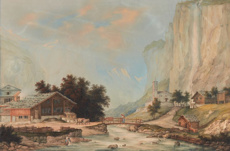 Landscape depicting Staubbach Falls in Lauterbrunnen by Johann Heinrich Bleuler the Younger, medium unknown.