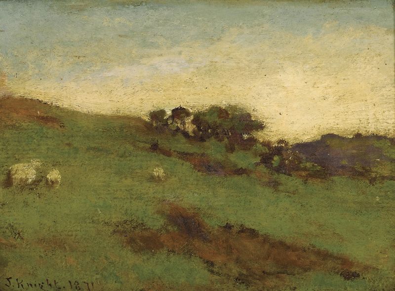 Paisaje con Ovejas de Joseph Knight, pintura al óleo que muestra ovejas en un entorno natural sereno.