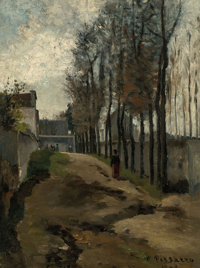 Paisaje invernal con nieve y árboles de Camille Pissarro, óleo