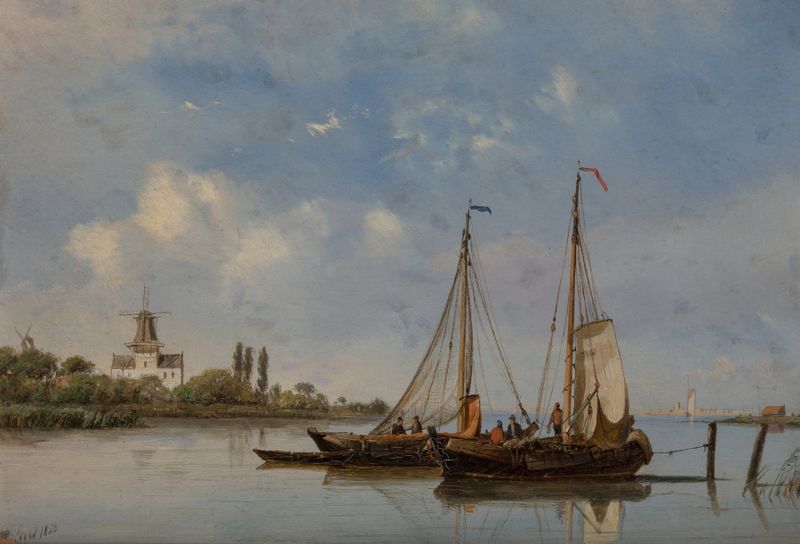 Barcos de pesca atracados com moinhos ao fundo, pintura a óleo de Petrus Paulus Schiedges
