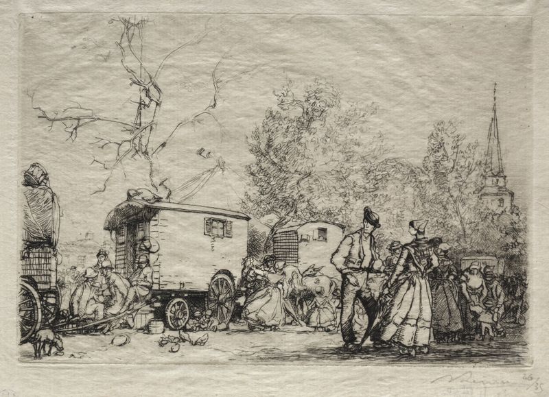 At the Fair St. Jean de Mont, gravura de Auguste Louis Lepère, retratando uma cena animada de feira com barracas e uma mul...
