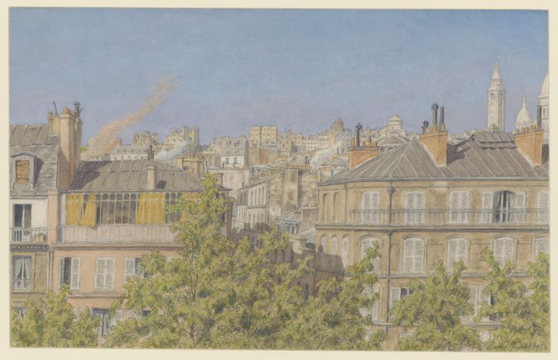 Lithograph by Henri Rivière showing a balcony view of Paris