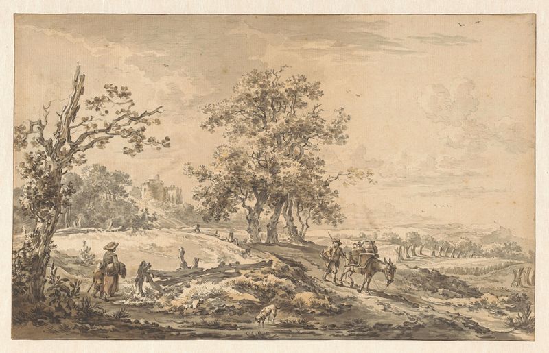 Vrouw met kind en man met ezel in landschap, oil on canvas by Egbert van Drielst
