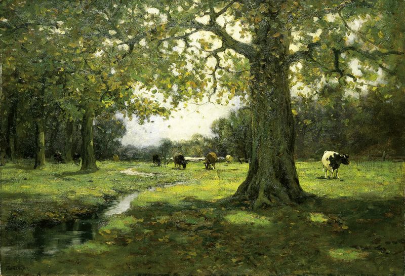 Meadow Brook de Charles Paul Gruppe, óleo sobre lienzo, que representa un arroyo tranquilo en un bosque