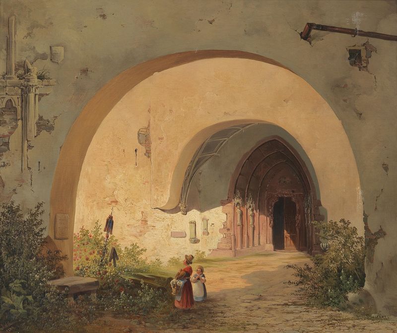 Oil painting by Anton Altmann depicting a solitary figure before a monastery portal at sunset.