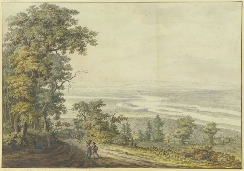 Landscape view with figures in a valley, oil painting by Johann Jakob Koller