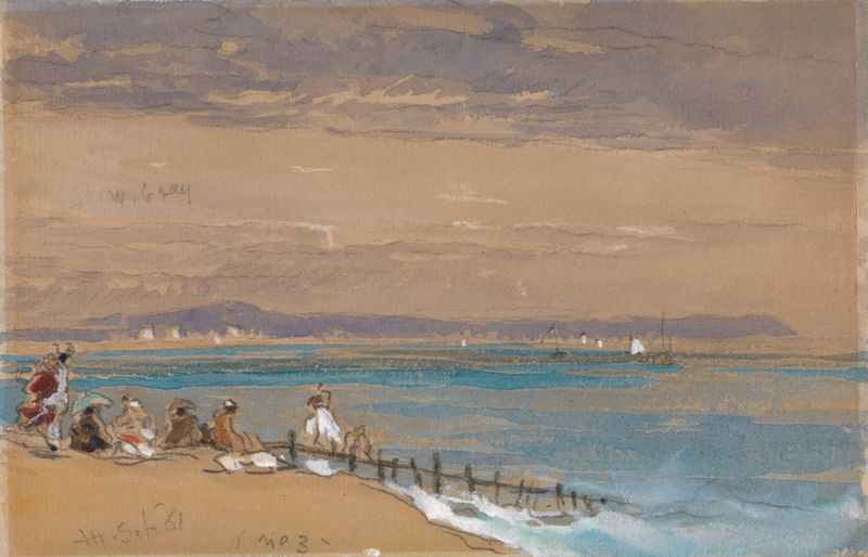 Beach scene with figures near a breakwater, oil on canvas by James Holland