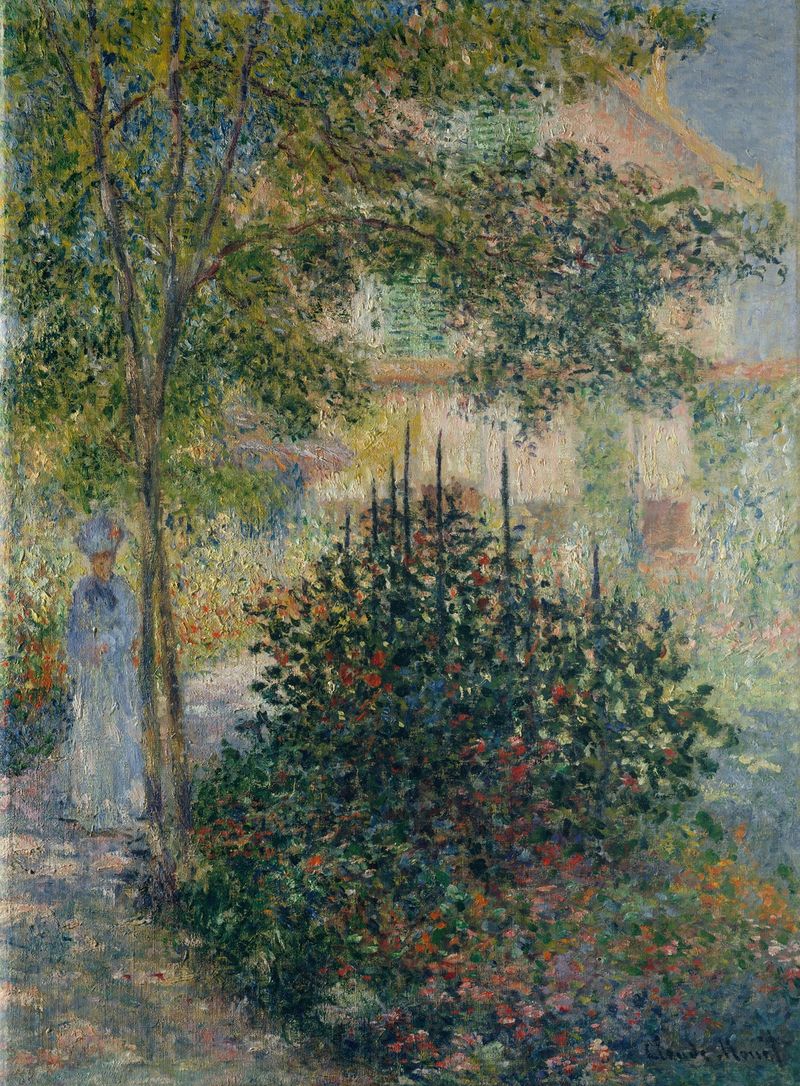 Pintura figurativa de Claude Monet retratando Camille Monet em um jardim
