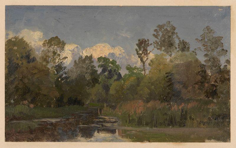 Pintura a óleo de paisagem por Adolf Dressler, retratando um rio com reflexos e suaves matizes.