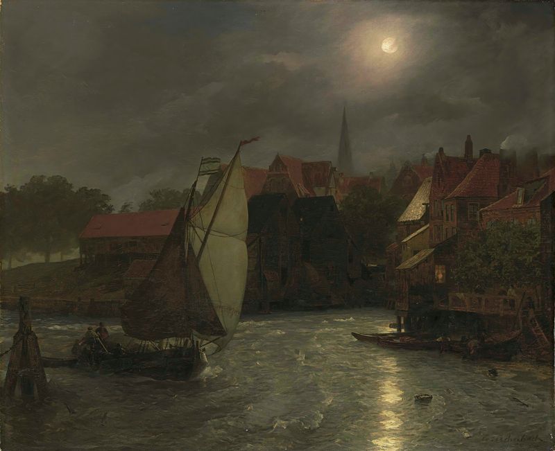 Barcos em um canal sob a luz da lua, óleo sobre tela de Andreas Achenbach