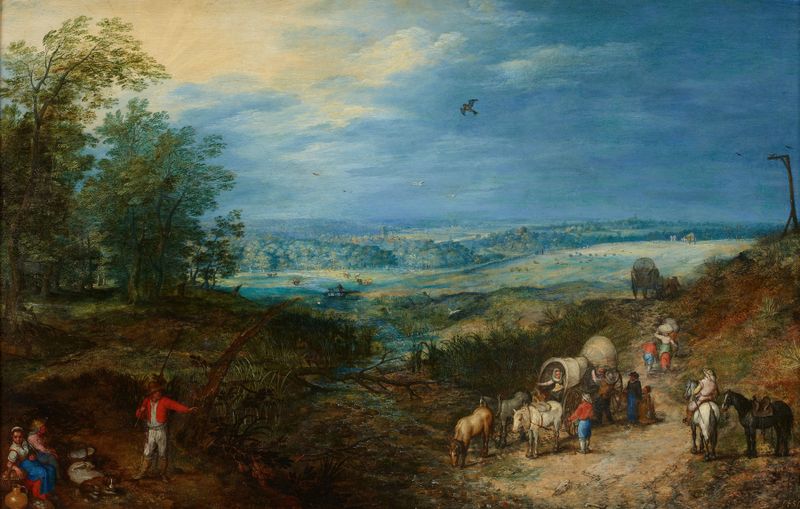 Landscape with Peasants, oil painting by Jan Brueghel the Elder, depicting peasants working in a field.