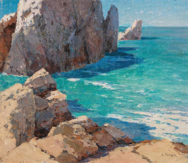 A Summer Day on a Rocky Coast by Alexei Vasilievich Hanzen, oil painting depicting sunlight on rocky coast.