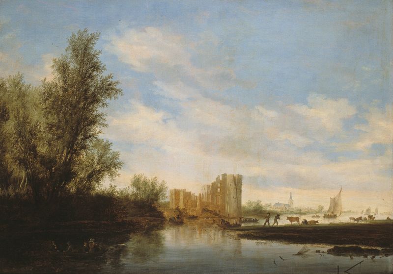 Paisaje con ruinas y un río, pintura al óleo de Salomon van Ruysdael