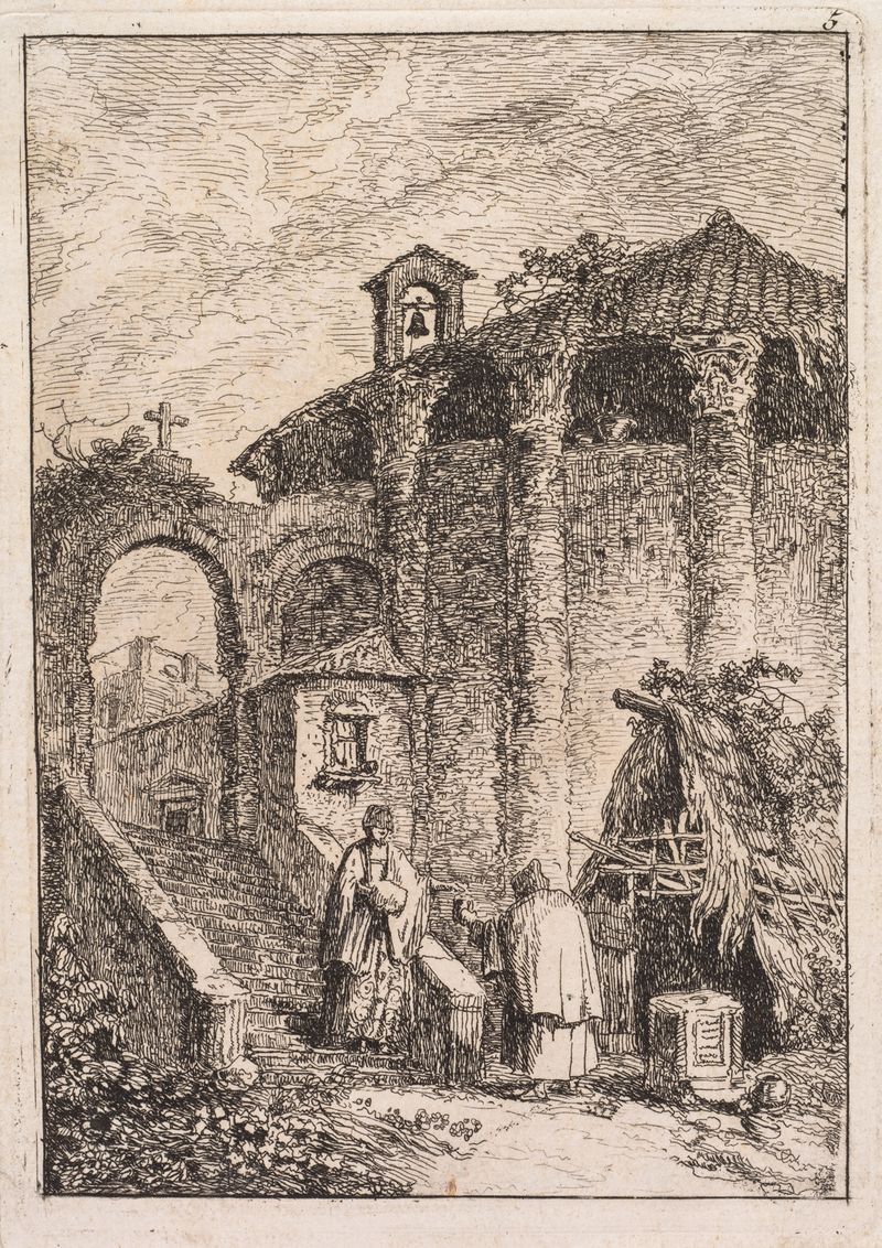 Le Temple Antique de Hubert Robert, óleo sobre lienzo que representa ruinas antiguas y columnas