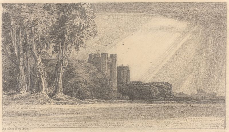 Landscape with Castle by Frederick Landseer Maur Griggs, oil painting depicting a castle and rolling hills.